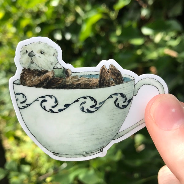 Otter in a Teacup Waterproof Vinyl Sticker - Whimsical Watercolor Sticker - Tea Sticker - Natural History