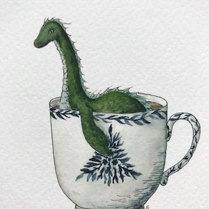 Loch Ness Monster in a Teacup Print Whimsical Tea Themed Ocean Artwork Watercolor and Ink Natural History Illustration 5x7 image 6