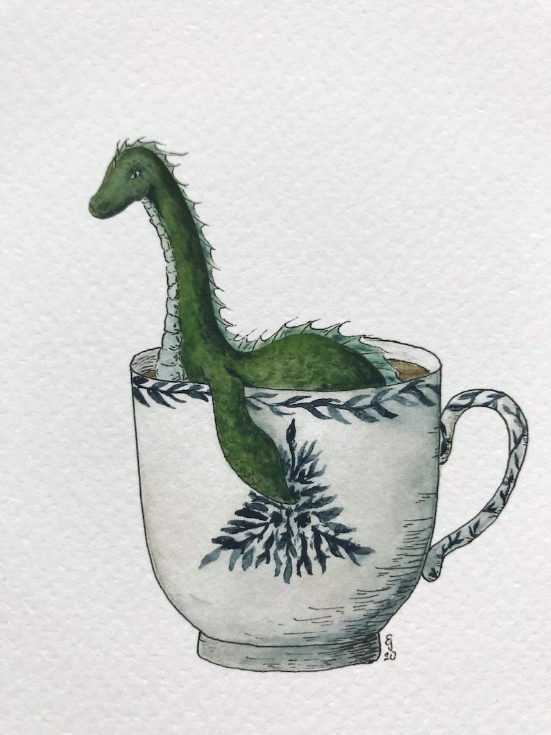 Loch Ness Monster in a Teacup Print Whimsical Tea Themed Ocean Artwork Watercolor and Ink Natural History Illustration 5x7 image 6