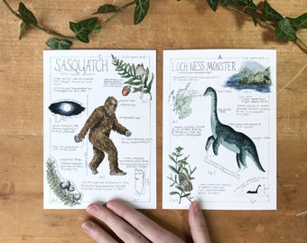 Sasquatch (Bigfoot) and Loch Ness Monster Field Reports Pair - Giclée Print - 5x7"