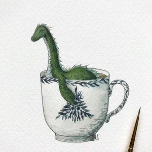 Loch Ness Monster in a Teacup Print Whimsical Tea Themed Ocean Artwork Watercolor and Ink Natural History Illustration 5x7 image 5