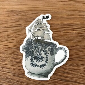 Pirate Ship in a Stormy Teacup Sticker - Waterproof Vinyl - Whimsical ...