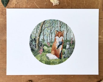 Fox et Foxgloves - Impression Giclée - 5x7 »