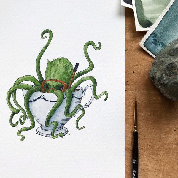 Kraken in a Teacup Print - Whimsical Tea Themed Ocean Artwork - Watercolor and Ink Natural History Illustration - 5x7"