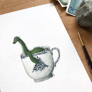 Loch Ness Monster in a Teacup Print Whimsical Tea Themed Ocean Artwork Watercolor and Ink Natural History Illustration 5x7 image 2