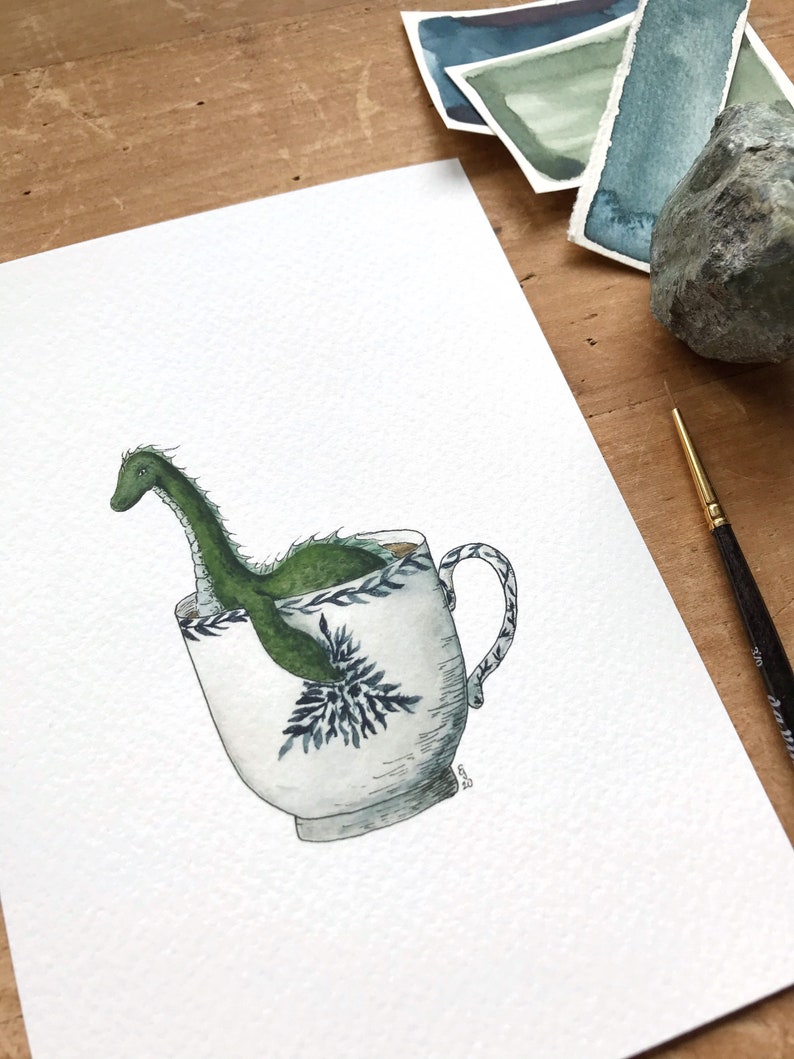 Loch Ness Monster in a Teacup Print Whimsical Tea Themed Ocean Artwork Watercolor and Ink Natural History Illustration 5x7 image 2