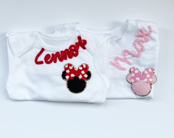 Kids Custom Embroidered Minnie + Mickey T-Shirt- Personalized - Hand Embroidered Unisex Tee - Disneyland - Youth - Disney Patch Shirt
