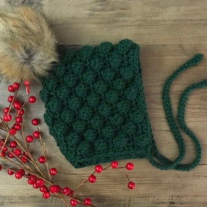 Baby Bonnet - Forest Green Bonnet - Bobble Bonnet - Crochet Bonnet - Newborn Bonnet - Holiday Bonnet