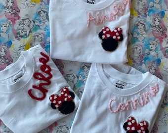 Cotton Custom Embroidered Minnie + Mickey Toddler / Baby T-Shirt- Personalized - Hand Embroidered Tee - Disneyland - Bodysuit - Disney World