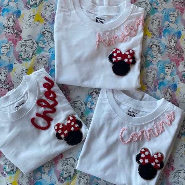 Cotton Custom Embroidered Minnie + Mickey Toddler / Baby T-Shirt- Personalized - Hand Embroidered Tee - Disneyland - Bodysuit - Disney World