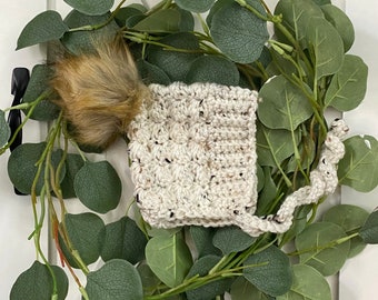 Oatmeal Violet Baby Bonnet – Acrylic Knit with Pom Pom