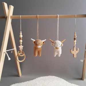 Highland cows baby play gym toys, Farm, Longhorn cows, Gym Frame, Infant activity center, Baby gym toys, Crochet rattle, Wooden rattle