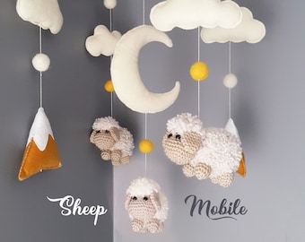 Mobile mouton pour berceau mobile crocheté support pour berceau mobile Schaf Mobile Bébé Mouton Gehäkeltes Mobile pour chambre d'enfant, cadeau bébé