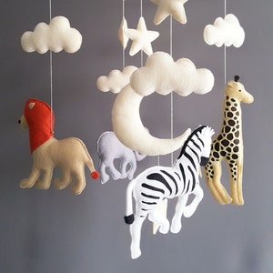 Baby Crib Mobile, Safari Mobile, baby mobile neutral, Africa nursery mobile, giraffe, lion, zebra, elephant, moon, clouds, crib holder, arm