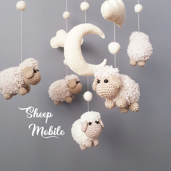 Mobile mouton pour berceau mobile crocheté support pour berceau mobile Schaf Mobile Bébé Mouton Gehäkeltes Mobile pour chambre de bébé