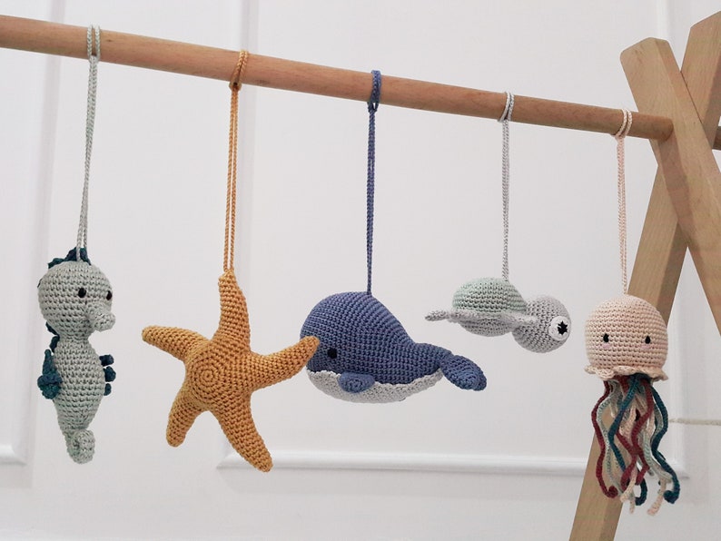 Ocean Baby Play Gym Toys, Starfish, Seahorse, Turtle, Whale,Jellyfish,Mermaid,Crab,Gym Frame,Crochet rattle,Montessori play gym,Hanging toys image 1