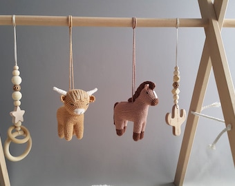 Highland cows baby play gym toys, Farm, Longhorn cows, Gym Frame, Infant activity center, Baby gym toys, Crochet rattle, Wooden rattle