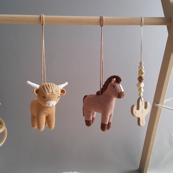 Highland cows baby play gym toys, Farm, Longhorn cows, Gym Frame, Infant activity center, Baby gym toys, Crochet rattle, Wooden rattle