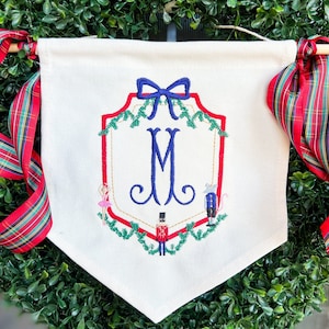 Christmas Door Hanger Nutcracker Inspired Monogram Ballet Grandmillennial Christmas Door Hanger Holiday Crest Banner Front Door Chinoiser