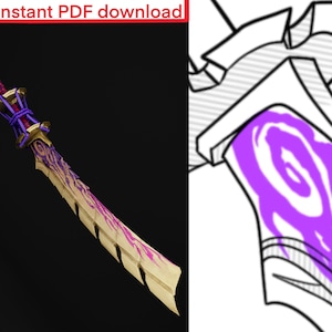 May include: A gold and purple sword with a decorative handle and a swirling pattern on the blade. The sword is shown against a black background.