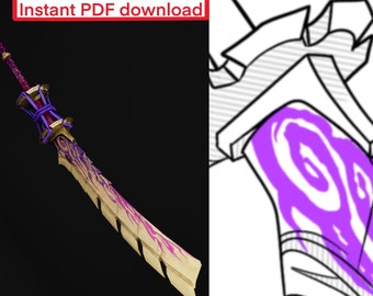 May include: A gold and purple sword with a decorative handle and a swirling pattern on the blade. The sword is shown against a black background.