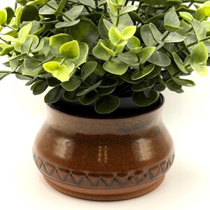 Small Stoneware Planter Pot: Carved Design, Earth-Toned Glaze