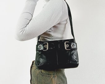 1990s Leather Black Mini Bag | Y2k | Shoulder Bag | Bucket Details