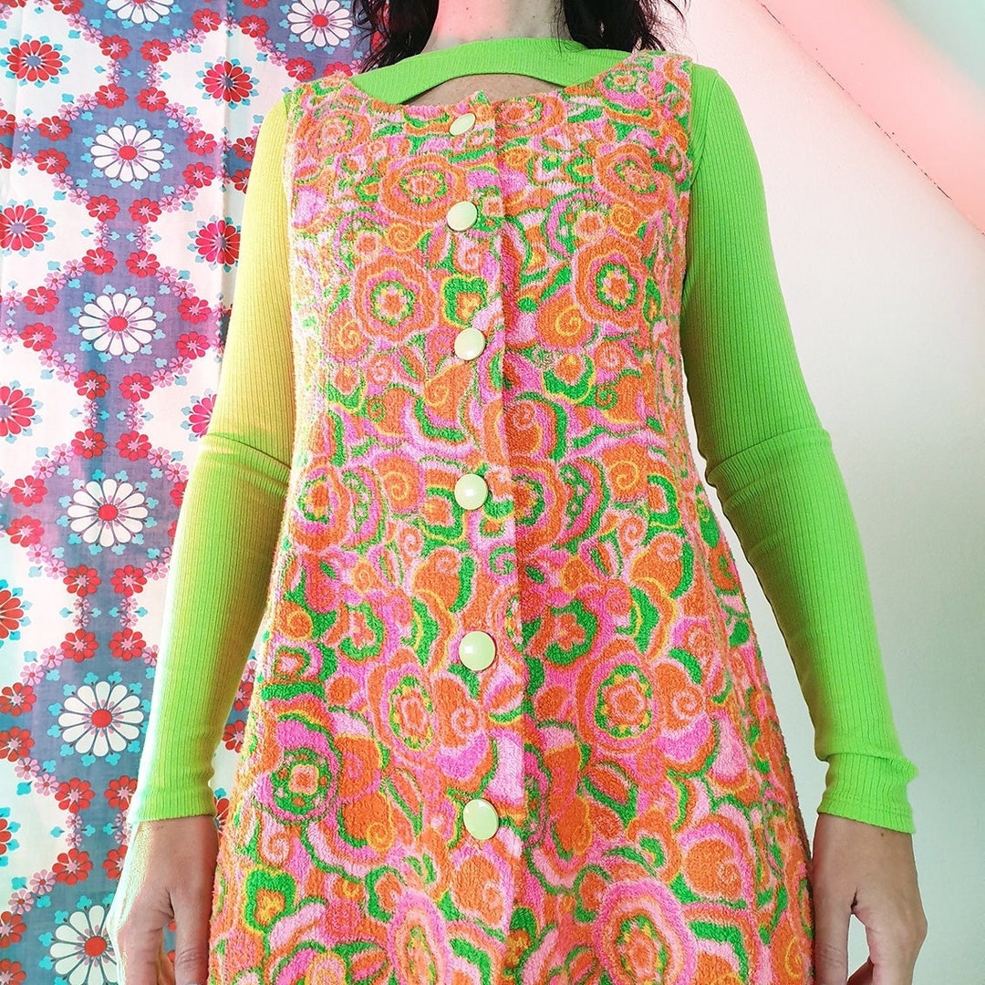 Handmade Mod 60s Terry Cloth Dress Button Down Towel Sun Etsy