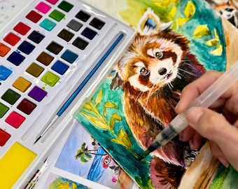 Raccoon And Panda DIY WaterColor Painting Kit -  DYI paint kit, not paint by numbers, paint and sip, date night, gift for her, gift for mom