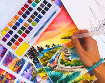 Zestaw do malowania akwarelami „Seaside” – malowanie nadmorskie, zestaw do malowania dla dorosłych DIY, zestaw do malowania dla początkujących, malowanie i picie, nie malowanie według numerów
