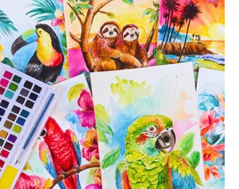 Tropical  DYI Adult Watercolor Painting Kit Traveling Paint Kit Kid's Painting Set, paint and sip, not paint by numbers, date night,