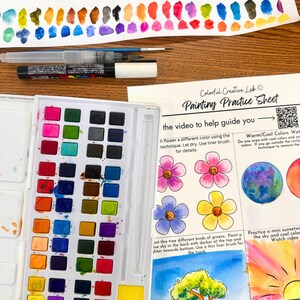 May include: A watercolour painting practice sheet with instructions for painting flowers, a sunset, and a tree. The sheet includes a QR code and a colour palette with warm and cool colours.