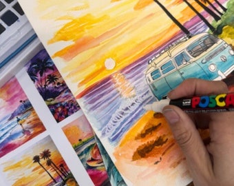 Beach Surf Inspired DIY Watercolor Papers- 6 Hand-drawn Templates On 140 lb/ 300 GSM Watercolor Painting Pages(Paint palette not included)