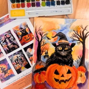 Halloween Watercolor Painting Kit-Spooky Art Kit- DIY Halloween Craft with Fine Watercolor Paper Brushes, Paints & Instructional Video Link