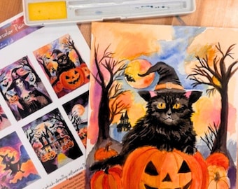 Halloween Watercolor Painting Kit-Spooky Art Kit- DIY Halloween Craft with Fine Watercolor Paper Brushes, Paints & Instructional Video Link