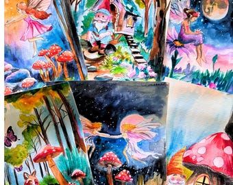 Fairy Gnome watercolor templates, 6 drawn Templates for DYI painting kit, kids painting kit, Quality watercolor paper, Fairy painting kit.