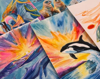 DIY Sea Creature Watercolor Papers 6 Hand-drawn Templates On 140 lb/300 GSM Watercolor Painting Paper Pages (Watercolor palette not included