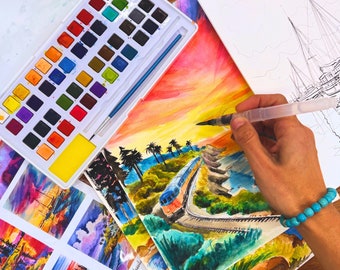 Seaside DIY Watercolor Papers- 6 Hand-drawn Templates On 140 lb/ 300 GSM Watercolor Painting Paper Pages (paint  not included), paint party