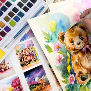 DYI paint kit, Watercolor paint,not paint by numbers, Cute bear painting, date night, paint and sip, easy painting, birthday paint party