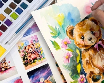 DIY Bear Watercolor Kit, Watercolor DYI Adult painting kit, Screen-Free Kids' Painting Gift Idea, not paint by numbers, Paint and Sip