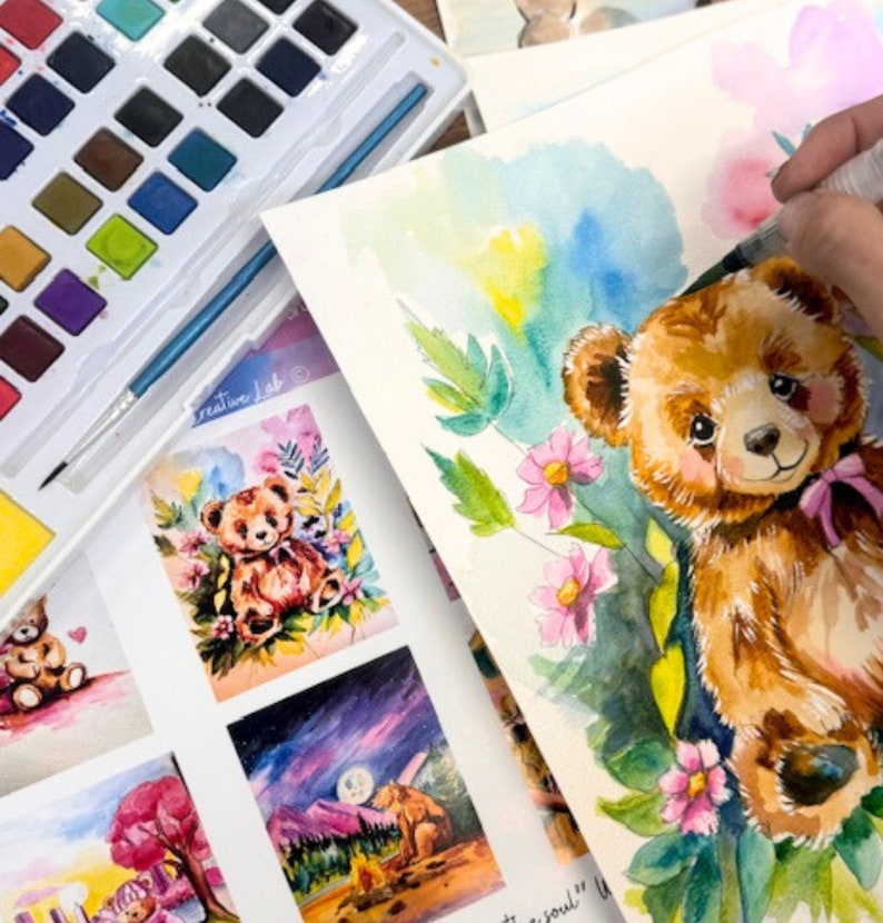 DYI paint kit, Watercolor paint,not paint by numbers, Cute bear painting, date night, paint and sip, easy painting, birthday paint party