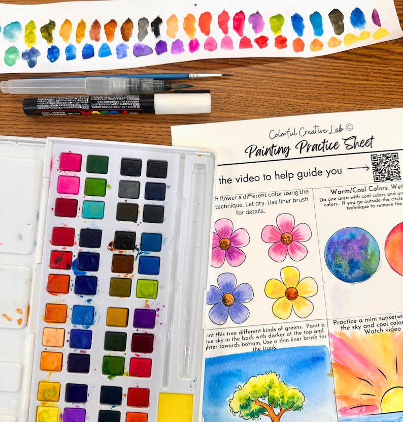 May include: A watercolour painting practice sheet with instructions for painting flowers, a sunset, and a tree. The sheet includes a QR code and a colour palette with warm and cool colours.