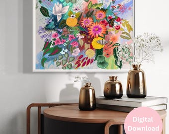 Piękny botaniczny obraz kwiatowy/ cyfrowy do pobrania Fine Art. Kolorowy kwiatowy kobiecy pop art