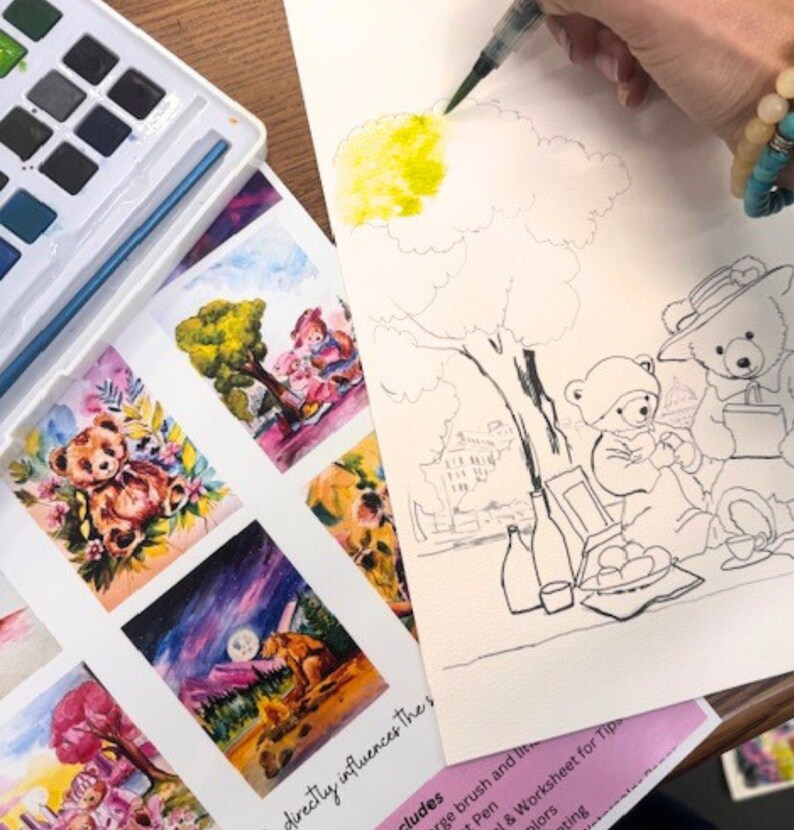 DYI paint kit, Watercolor paint,not paint by numbers, Cute bear painting, date night, paint and sip, easy painting, birthday paint party