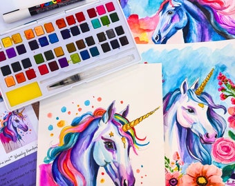 Unicorn Watercolor Papers DIY- 6 Hand-drawn Templates On 140 lb/ 300 GSM Watercolor Painting Paper Pages, (paint not included), Paint party