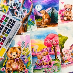 DYI paint kit, Watercolor paint,not paint by numbers, Cute bear painting, date night, paint and sip, easy painting, birthday paint party
