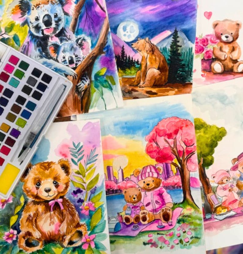 DYI paint kit, Watercolor paint,not paint by numbers, Cute bear painting, date night, paint and sip, easy painting, birthday paint party