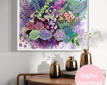 Petals and Prickles Succulent Painting Digital Download. Piękny kobiecy, wyjątkowy wydruk artystyczny autorstwa Katie O'Brien. Jedyny w swoim rodzaju oryginał