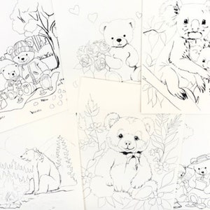 May include: Black and white colouring pages featuring various animals, including bears, a koala, and a panda. The pages are designed for children to colour in.