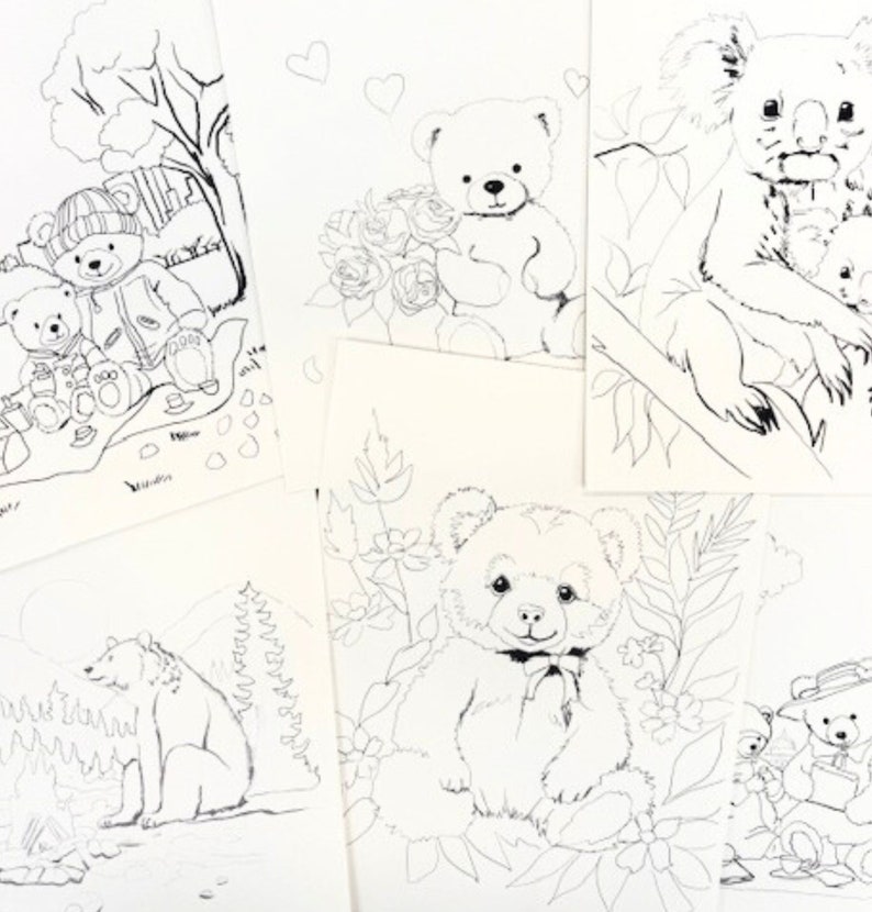 May include: Black and white colouring pages featuring various animals, including bears, a koala, and a panda. The pages are designed for children to colour in.